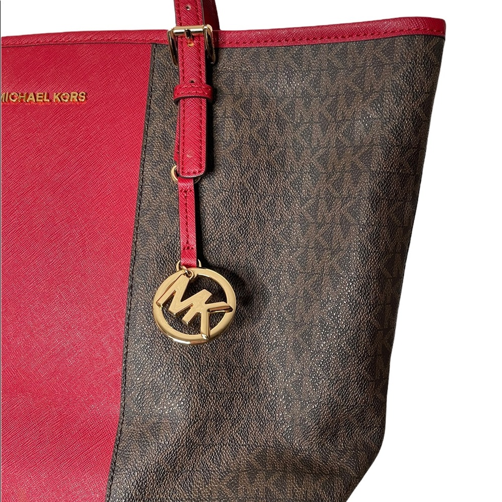 Michael Kors Jet Set Travel Medium Carryall Tote Brown MK Signature Scarlet Red - Picture 10 of 12